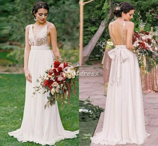 Bohemian Bridesmaid Dresses V Neck Backless Chiffon Sequined Country Garden Beach Wedding Guest Gowns Maid Of Honor Dress Plus Size Arabic