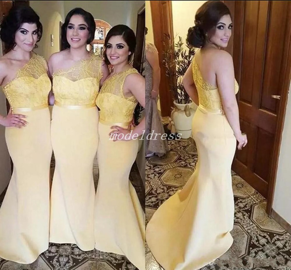 One Shoulder Mermaid Bridesmaid Dresses Backless Sweep Train Lace Illusion Bodice Garden Plus Size Country Arabic Wedding Guest Dress