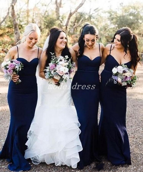 Country Dark Navy Mermaid Bridesmaid Dresses Spaghetti Backless Sweep Train Garden Wedding Guest Gowns Maid Of Honor Dress