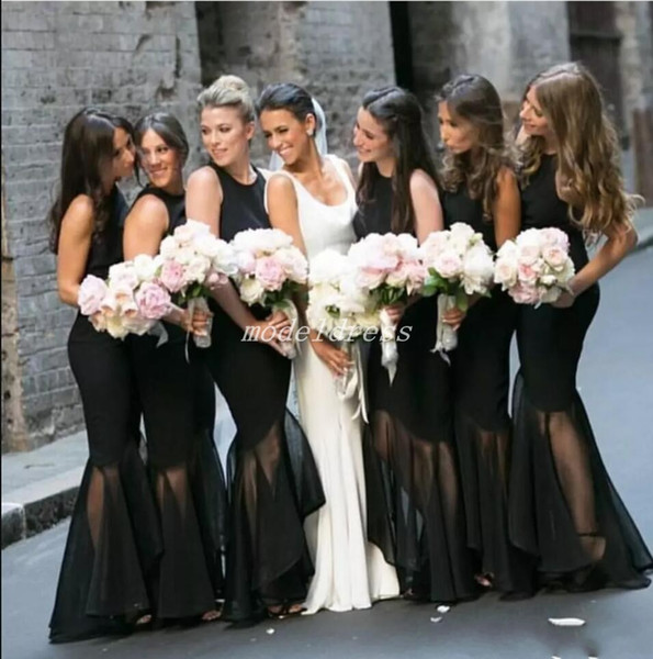 Black High Low Bridesmaid Dresses Jewel Illusion Bodice Arabic Country Garden Chiffon Wedding Guest Gowns Maid Of Honor Dress Plus Size