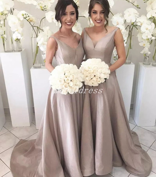 Brown Bridesmaid Dresses V Neck Backless A Line Sweep Train Taffeta Long Country Garden Chapel Wedding Guest Gowns Maid Of Honor Dress