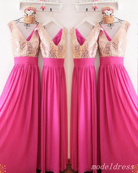 Sequined Country Bridesmaid Dresses V Neck Backless A Line Floor Length Chiffon Garden Beach Wedding Guest Gowns Maid Of Honor Dress