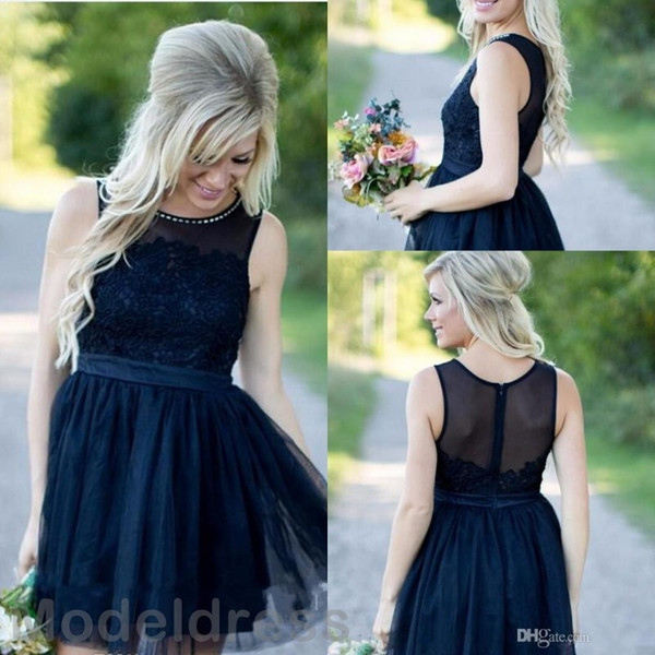 Country Short Bridesmaid Dresses Dark Navy Knee Length Beach Scoop Cheap Wedding Guest Gowns Plus Size Maid Of The Honor Summer