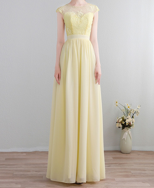 Light Yellow Chiffon Bridesmaid Dresses with Lace Long Crew Sleeveless Zipper Back Pleats Chiffon Long Bridesmaid Gowns Cheap