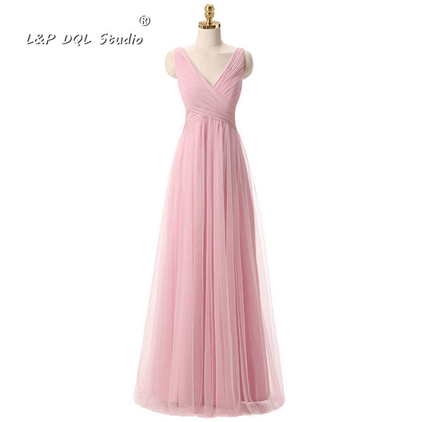 2017 New pink Bridesmaid Dresses Pleats Tulle Long Maxi Wedding guest Dresses V-Neck Real Pictures L&P DQL Studio Cheap