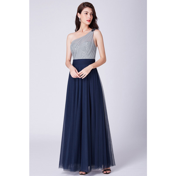 Sexy One Shoulder Bridesmaid Dress Dark Navy Soft tulle with Shining Sequins Soft Lining Long Bridesmaid Dresses Cheap