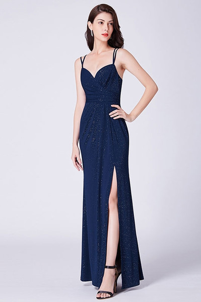 Sexy Navy Blue Chiffon Sequins Bridesmaid Dresses Long Spaghetti Side Split Long Bridesmaid Gowns Cheap New Arrival