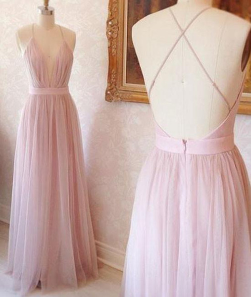 Sexy Pale Pink Bridesmaid Dresses Long Wedding Guest Dress Deep V-Neck Spaghetti Backless Sweep train Bridesmaid Dress Cheap