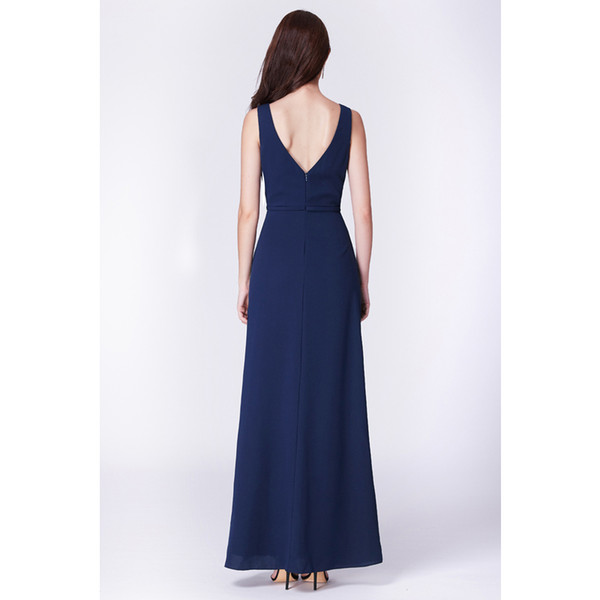 Dark Blue Chiffon Bridesmaid Dresses Long Sexy V-Neck Sleeveless Long Bridesmaid Dress Zipper Back Cheap