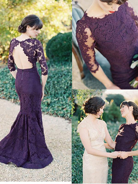 Sexy Grape Lace Mermaid Bridesmaid Dresses Mermaid Lace Half Sleeves Long Wedding Party Dresses Cheap 2017