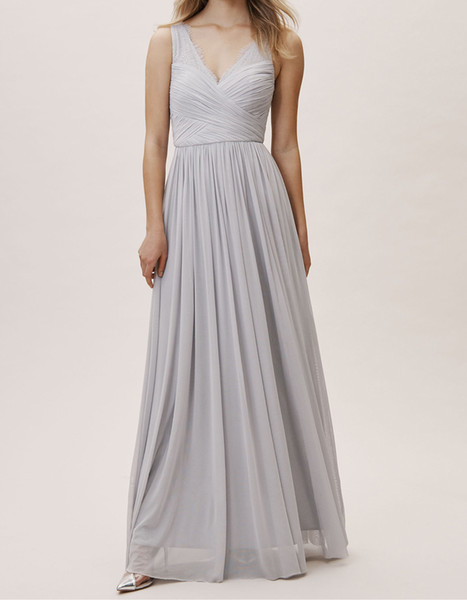 Silver Bridesmaid Dresses Long V-Neck Sleeveless Zipper Back Pleats Chiffon with Lace Elegant New Arrival