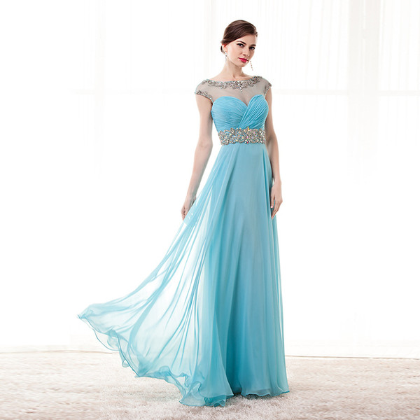 Stunning Light Blue Bridesmaid Dresses Sheer Neck Pleats Chifon Sparkling Beads Crystal Long Wedding guest dress 