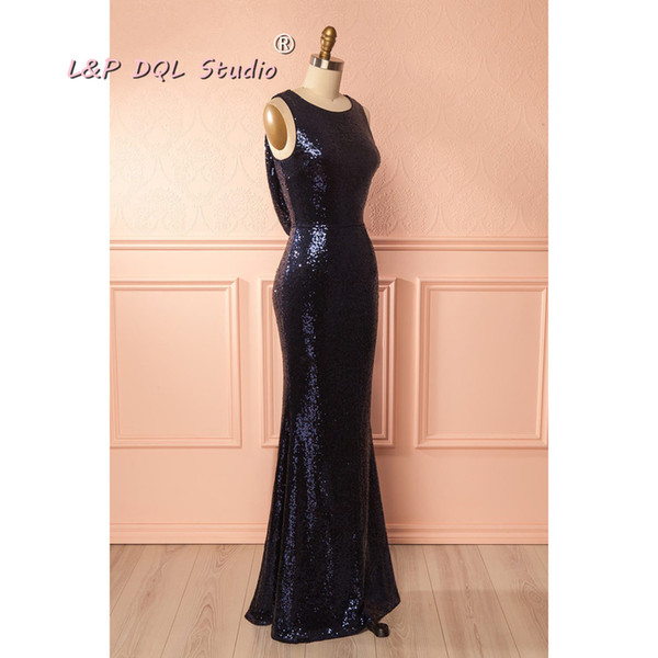 Sexy Shining Sequined Dresses Dark Navy,Gold Bridesmaid Dresses Mermaid Sweep Train Wedding guest dress party gowns formal wear Cheap