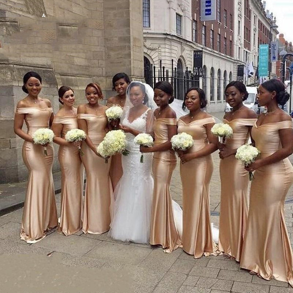 African Gold Bridesmaid Dresses Mermaid Off The Shoulder Satin Ruffles Floor Length Wedding Guest Maid Of Honor Dresses DB116