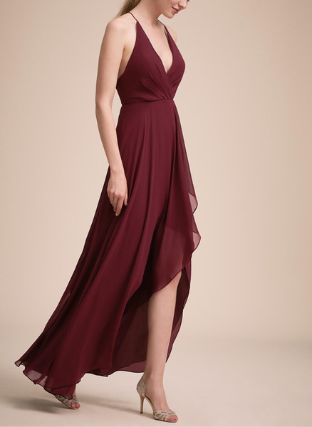 Summer Chiffon Bridesmaid Dress Hi Lo Burgundy Bridesmaid Dresses Zipper Back Spaghetti Backless Party Gowns