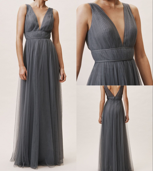 Sexy Backless Long Bridesmaid Dresses Accept Custom Made Gray Tulle Long Wedding Party Dresses Sexy V-Neck