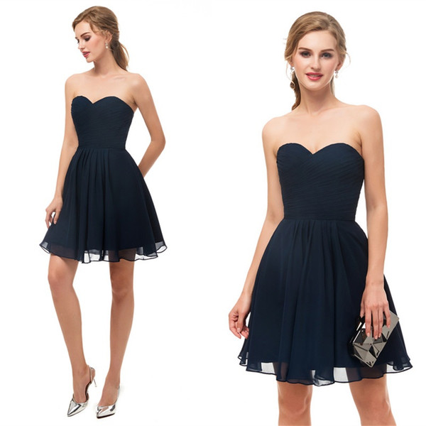 Sexy Dark Navy Short Bridesmaid Dress Sweetheart Sleeveless Backless Summer Chiffon Party Dress Cheap New Arrival