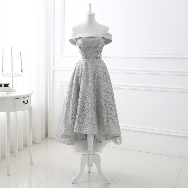 Silver Gray Bridesmaid Dresses Hi Lo Shining Sequinbs Summer Bridesmaid Dress New Arrival Lace-up Back