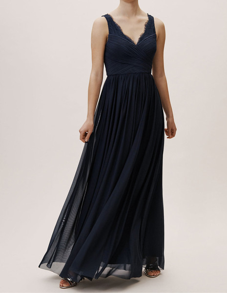 Dark Navy Bridesmaid Dresses Long Chiffon with Lace Long Bridesmaid Dress Sleeveless Zipper Back Floor Length