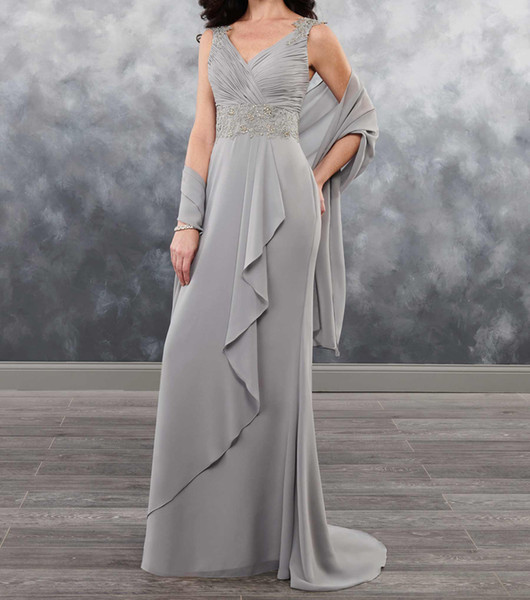 Silver Gray Bridesmaid Dresses with Wrap a little mermaid Floor Length Bridesmaid Dresses Pleats Chiffon with Lace Applique