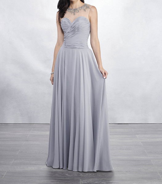 Light Gray Chiffon Bridesmaid Dress Sheer Neckline with Beads Open Back Floor Length Pleats Chiffon Bridesmaid Gowns