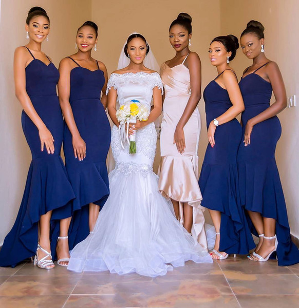 Unique High Low Navy Blue African Bridesmaid Dresses Mermaid Spaghetti Straps Custom Made Maid of Honor Gowns BM0729