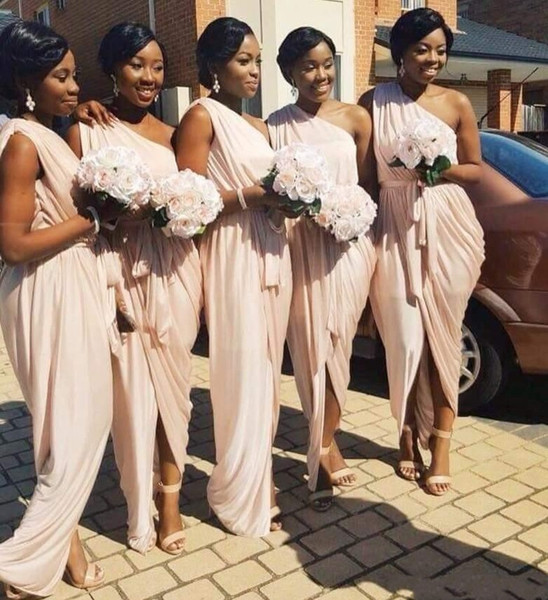 One Shoulder Light Pink Bridesmaid Dresses Front Split Black Girls Sheath Wedding Guest Gown Floor Length Prom Dress