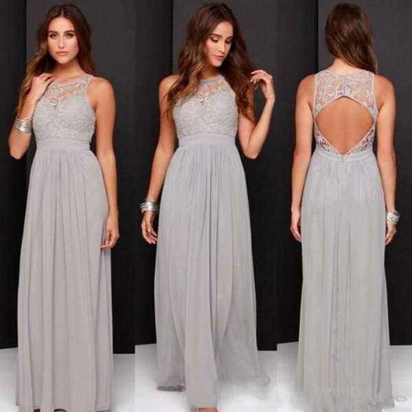 Elegant Light Gray Chiffon Bridesmaid Dresses Halter Keyhole Back Appliques Floor Length Wedding Guest Gown Prom Dress