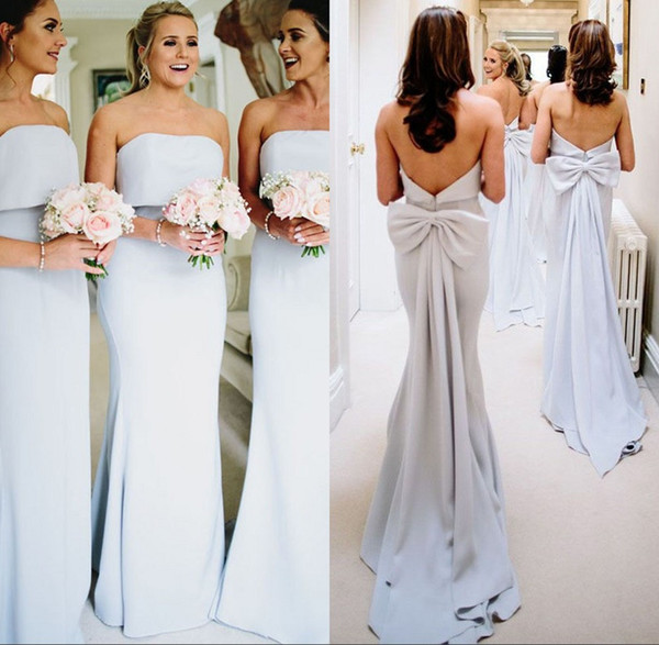 Light Sky Blue Strapless Bridesmaid Dresses Bow Sash Floor Length Cheap Maid of Honor Gown Wedding Guest Dress BM0338