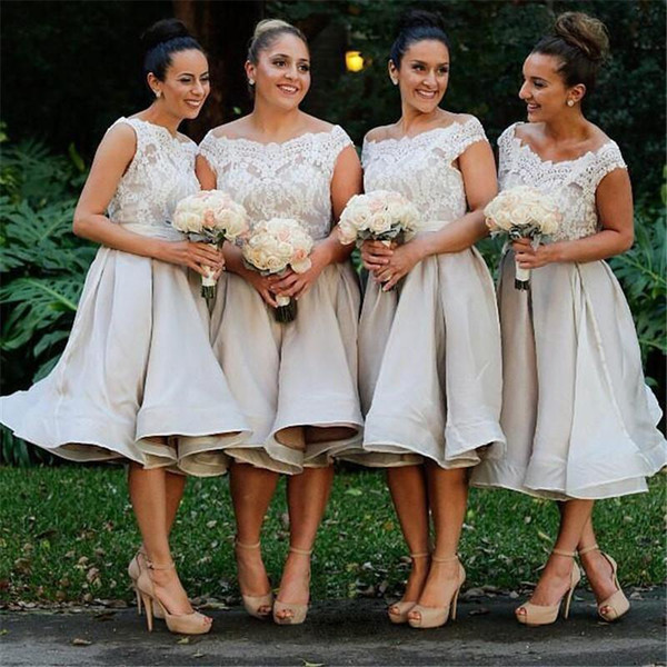 Ivory Off Shoulder Lace Bridesmaid Dress Knee Length Maid of Honor Dress Wedding Guest Gown BM0694