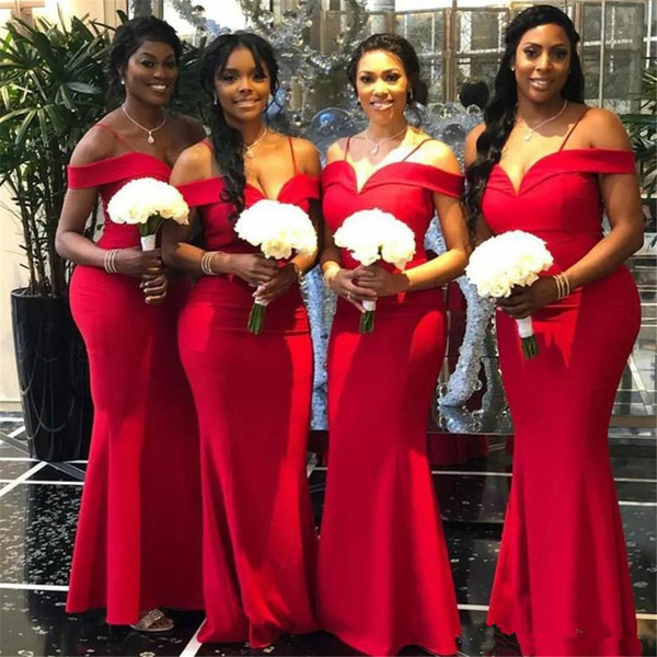 African Red Mermaid Bridesmaid Dresses New Off The Shoulder Floor Length Long Formal Wedding Gowns Party Dress Custom Made