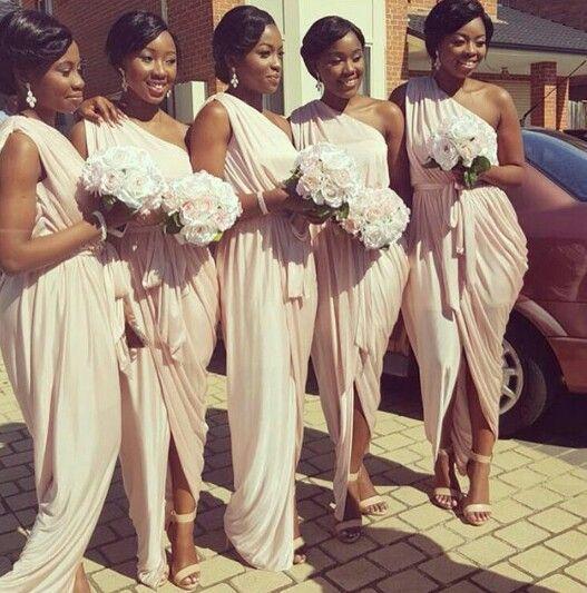 African American Grecian Bridesmaid Dresses Unique One Shoulder Peach Pink Mermaid Long Formal Dresses for Women With Sash