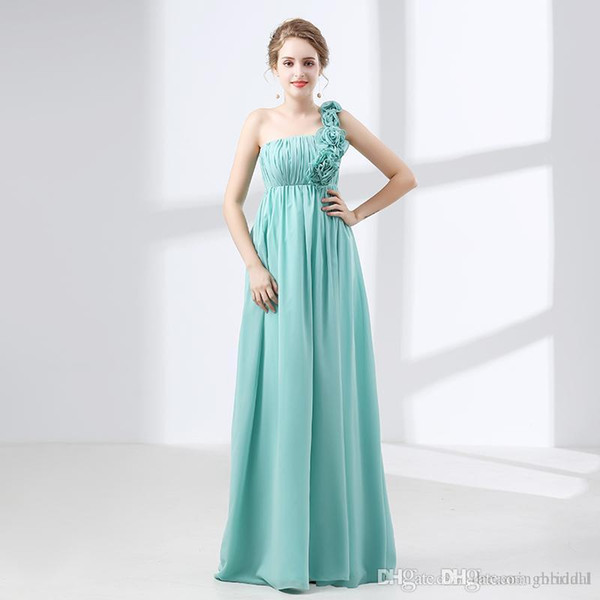 Cheap Long bridesmaid Dresses One Shoulder Sleeveless Flower Ruffle A Line Chiffon Simple Prom Gown Party Dress 17-6630