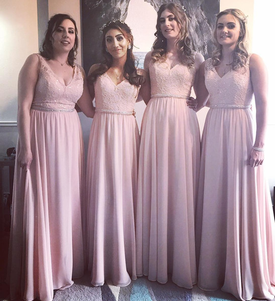 Blush Pink V Neck Bridesmaid Dresses Lace Appliques Elegant Floor Length Wedding Guest Gown Prom Dress BM0734