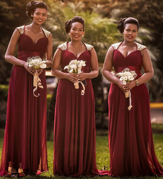 Burgundy Chiffon Bridesmaid Dresses with Gold Sequins Sweetheart Neck Black Girls Elegant Wedding Guest Gown Prom Dress BM0731