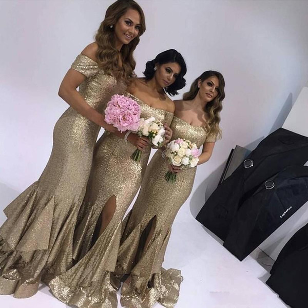 Off Shoulder Gold Sequined Bridesmaid Dresses Floor Length Mermaid Wedding Guest Gown Front Split Long Prom Dress