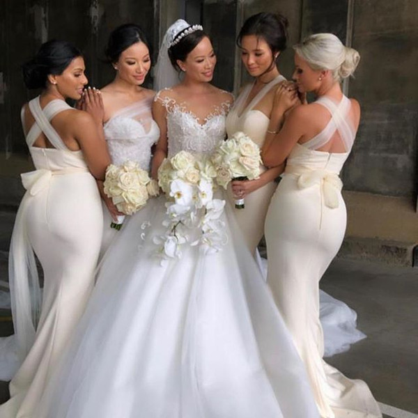 Sweetheart Neck Ivory Bridesmaid Dresses Mermaid Tulle Sash Floor Length Maid of Honor Gown Wedding Guest Dress