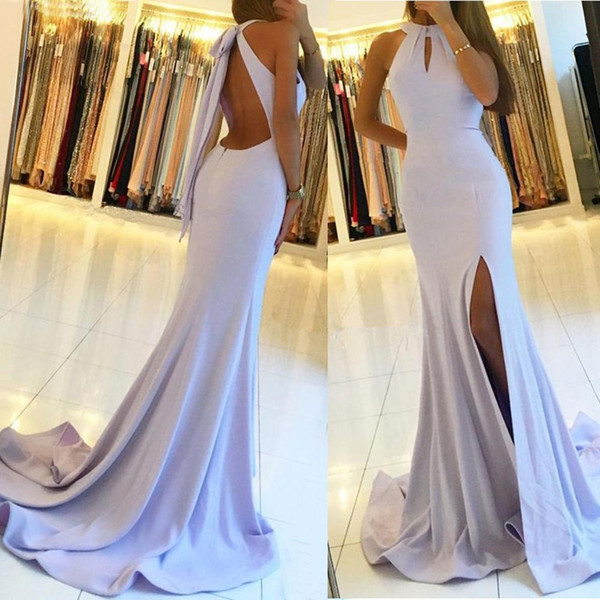 Designed Lilac Backless Bridesmaid Dress Keyhole Neck Halter Side Split Maid of Honor Dress Wedding Guest Gown BM0691