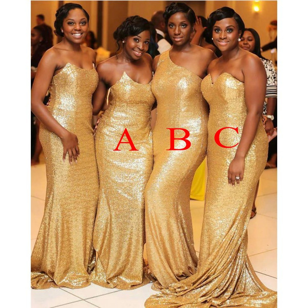 3 Neck Styles Gold Sequined Bridesmaid Dress Black Girls Elegant Maid of Honor Dress Mermaid Wedding Guest Gown BM0688