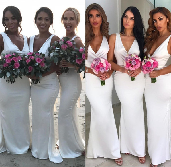 Deep V Neck White Bridesmaid Dress Mermaid Elegant Floor Length Maid of Honor Dress Wedding Guest Gown BM0659