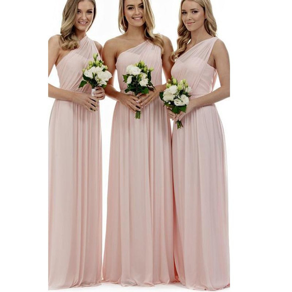 Ligh Pink Bridesmaid Dresses Cheap One Shoulder Pleats Chiffon Long Floor Length Maid Of Honor Dresses 