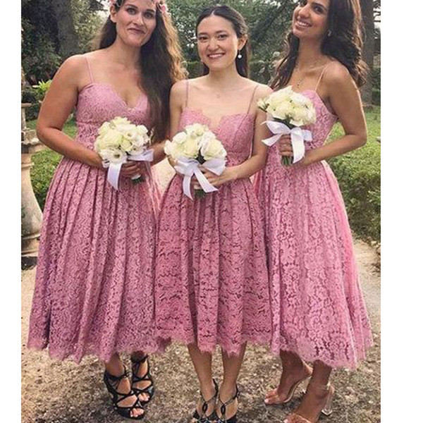 Pink Bridesmaid Dresses Sweetheart Neckline Lace Tea Length Maid Of Honor Dresses Wedding Party Dresses