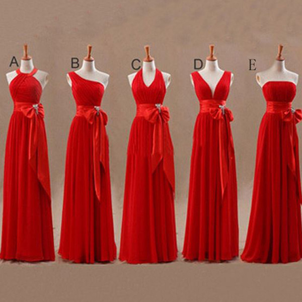 Mixed Styles Long Bridesmaid Dresses High Quality Bow Crystal Pleats Chiffon Floor Length Long Maid Of Honor Dresses Wedding Guest Dresses