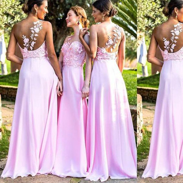 Lace Bridesmaid Dresses Chiffon Pink Beaded Appliques Pink A Line Maid Of Honor Dresses Gowns Wedding Party Dresses