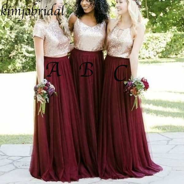 Burgundy Bridesmaid Dresses Crew Neckline Gold Sequins A Line Chiffon Floor Length Maid Of Honor Dresses Gowns Cheap