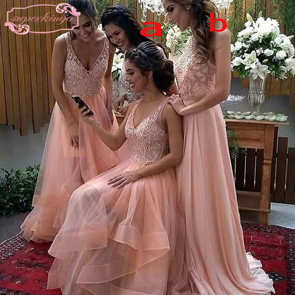 Pink Bridesmaid Dresses 2017 Lace Appliques Beading Sequins V Neck Lace Appliques A Line Floor Length Blush Maid Of Honor Dresses Gowns