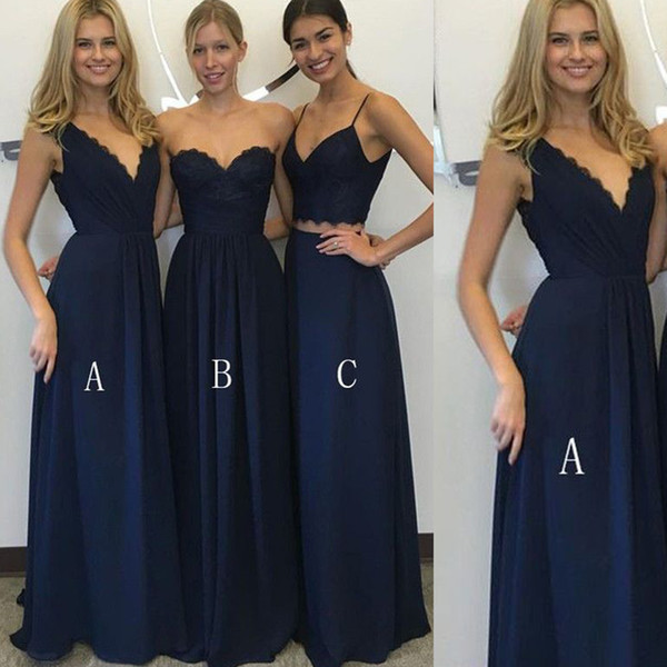 Cheapest Navy Bridesmaid Dresses Sweetheart Neckline Chiffon Lace Floor Length Long Maid Of Honor Dresses Gowns Sexy