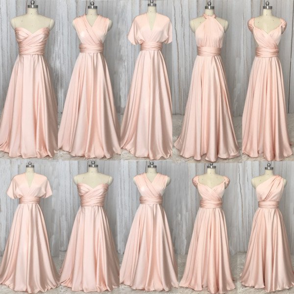 Real Picture Bridesmaid Dresses Convertible Soft Pink Pleats Chiffon Faced Satin Floor Length Maid Of Honor Dresses Discount