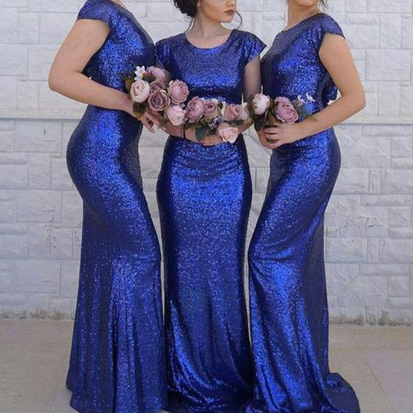 Sequins Bridesmaid Dresses Crew Neckline Lace Sequins Mermaid Cap Sleeve Mermaid Sparkly Long Maid of Honor Dresses Wedding Party Dresses