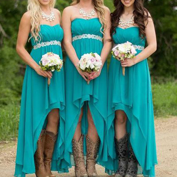 Blue Bridesmaid Dresses Sweetheart Neckline with Crystal Belt Pleats A Line Chiffon Pleats High Low Bridesmaid Dress